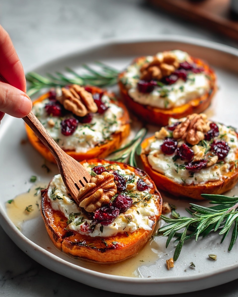 The image shows a white plate with five thick, round slices of roasted sweet potato arranged closely together. Each sweet potato slice has a slightly crispy, browned orange surface. On top of each slice, there is a thick layer of creamy white cheese, sprinkled with small green herb bits. Dark red dried cranberries and light brown walnut halves are placed on the cheese layers, with extra walnuts and cranberries scattered around the plate. A drizzle of golden honey or oil glistens over the dish, and a few fresh green herb sprigs lie near the edge of the plate. The background is a white marbled texture, and a woman's hand holding a wooden fork is softly placed behind the slices. photo taken with an iphone --ar 4:5 --v 7
