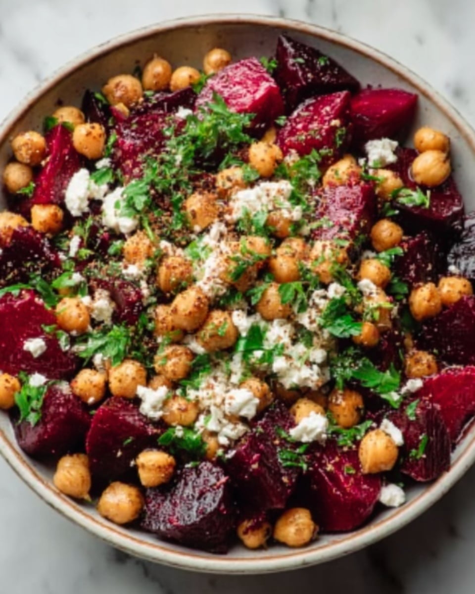 A white bowl filled with a colorful salad is shown from above. The base layer consists of deep red roasted beet chunks with a soft, slightly rough texture. On top of the beets, there is a layer of golden roasted chickpeas that look crunchy and slightly shiny from oil. Scattered around are crumbles of white feta cheese with a crumbly, creamy texture. Bright green chopped parsley is sprinkled all over, adding a fresh, leafy feel. The mix of colors—red, gold, white, and green—creates a vibrant and appetizing look against the white marbled surface. Photo taken with an iphone --ar 4:5 --v 7