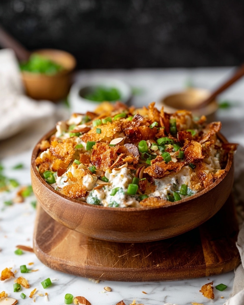 A wooden bowl sits on a wooden board, filled with layered food. The bottom layer is creamy white sauce with a soft texture, mixed with green chopped scallions. The top layer is made of crispy, reddish-brown fried chips scattered all over. Small light brown seeds or nuts are sprinkled among the chips and sauce. More chopped scallions are sprinkled on top, adding bright green color. In the background, a small white bowl with green and orange vegetables and another small wooden cup with white sauce and scallions sit on a white marbled surface. Photo taken with an iphone --ar 4:5 --v 7