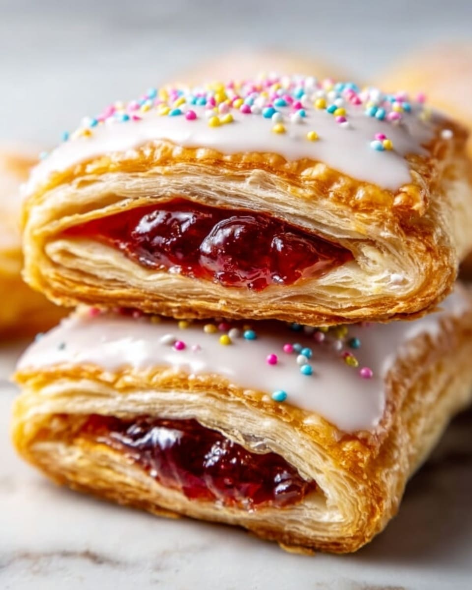 A close-up view of three stacked pastry pieces on a white marbled surface, each showing a thick layer of shiny red jelly inside, sandwiched between two layers of golden, flaky puff pastry. The top of each pastry is covered with smooth white icing, topped with colorful small round sprinkles. The layers of the pastry are crisp and light, with a glossy texture from the jelly and a soft, creamy look of the icing on top. The photo is taken with an iphone --ar 4:5 --v 7