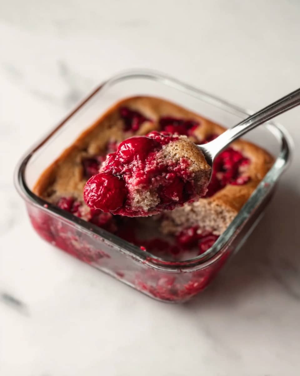 The image shows a square glass container filled with a baked dish that has two visible layers: a bottom layer of light beige, soft and fluffy texture, and a top layer of baked red berries mixed with golden brown crust pieces. A spoon holding a scoop of the dish is held above the container, showing the layers clearly, with the red berry topping contrasting with the lighter base. The container rests on a white marbled surface. photo taken with an iphone --ar 4:5 --v 7