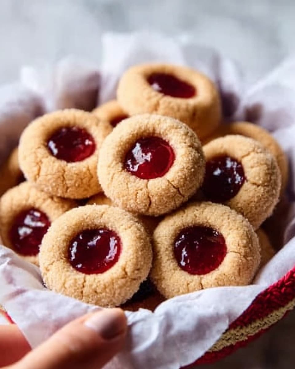 A close-up shot of round cookies in a red container lined with white paper. Each cookie has two layers: the outer layer is a light brown, slightly rough textured dough ring, and the center is filled with a glossy, deep red jelly that looks smooth and shiny. The cookies are piled on top of each other inside the container, showing their slightly raised edges and the bright jelly centers catching light. Photo taken with an iphone --ar 4:5 --v 7