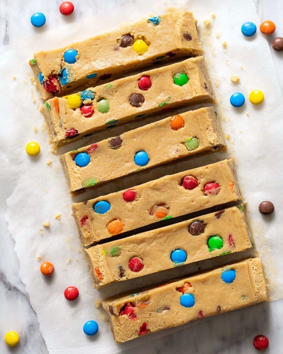 The image shows five thick rectangular bars of cookie dough cut and arranged side by side on a sheet of parchment paper. The dough is light brown with a soft texture, studded with colorful candy-coated chocolates (red, blue, yellow, green, orange) scattered evenly throughout each bar. The bars are placed on a white marbled surface, and extra candy pieces are scattered loosely around the parchment paper. The overall look is chewy and dense with a playful burst of bright colors from the candy pieces. photo taken with an iphone --ar 4:5 --v 7
