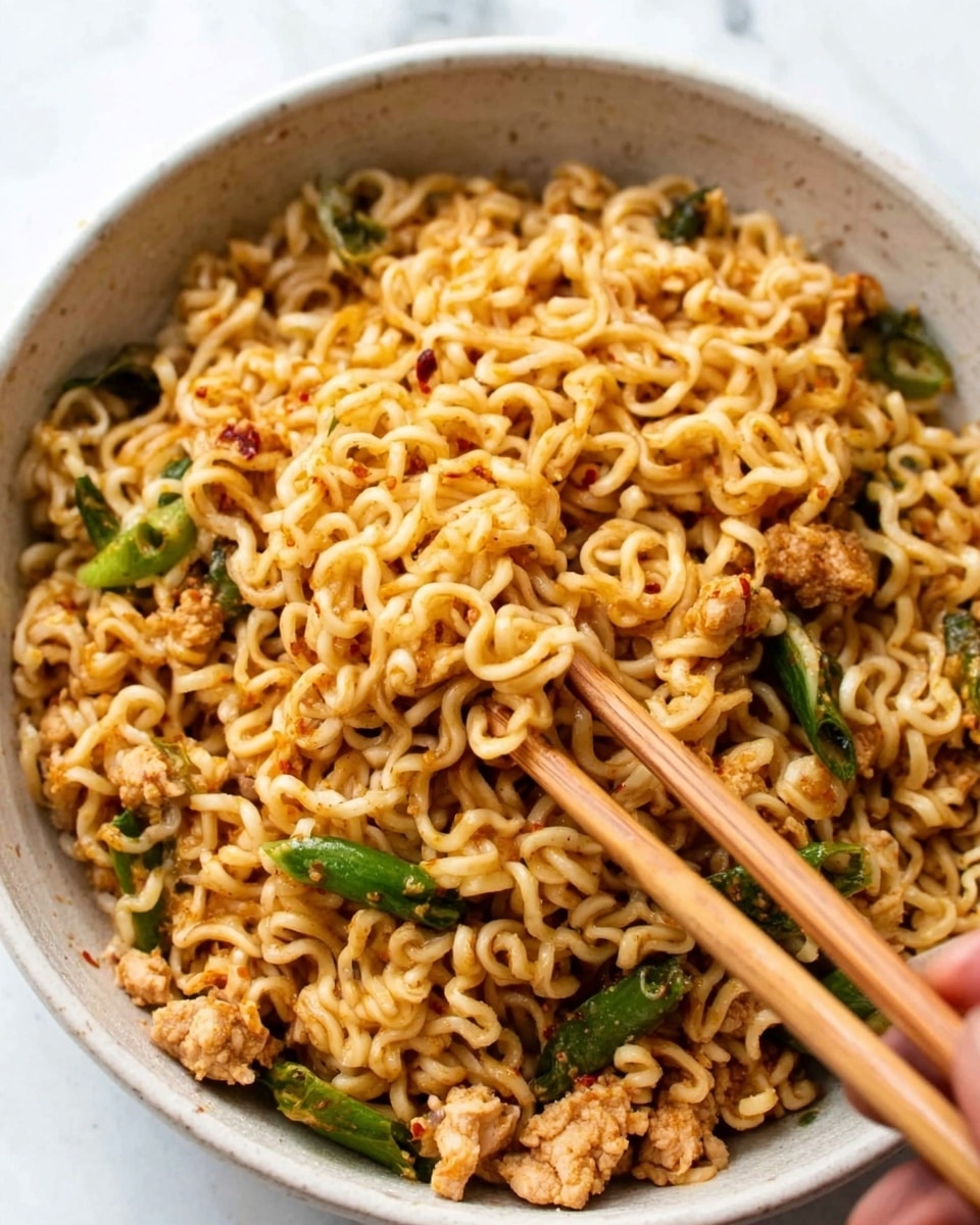 A bowl filled with cooked yellow noodles mixed with pieces of chicken and chopped green vegetables, possibly scallions, scattered throughout. The noodles are glossy, showing they are lightly coated with sauce, and there are small red chili flakes visible, adding color contrast. Light brown cooked chicken pieces are evenly spread in the noodles, and a pair of wooden chopsticks is held by a woman's hand, picking up some noodles from the side of the white bowl. The bowl rests on a white marbled surface. photo taken with an iphone --ar 4:5 --v 7