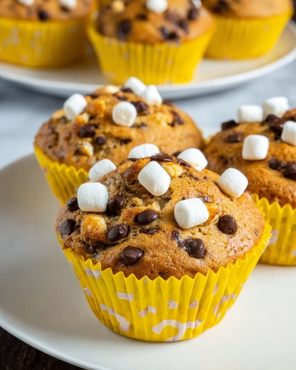 The image shows a close-up of four muffins placed on a white round plate, sitting on a white marbled surface. Each muffin is wrapped in a bright yellow paper cup with white patterns. The muffins have a golden-brown top sprinkled generously with small chocolate chips and mini white marshmallows, giving a bumpy texture to the surface. Some chocolate chips have fallen onto the plate, adding to the scattered effect. The background is softly blurred, focusing attention on the muffins in the foreground. Photo taken with an iphone --ar 4:5 --v 7