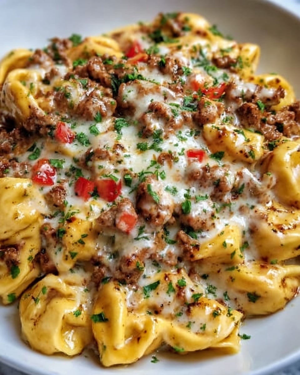 The image shows a close-up of a creamy pasta dish with several layers. The bottom layer is white tortellini pasta with a soft, smooth texture. On top of that is a layer of brownish cooked ground meat mixed with tender brown mushrooms. A creamy, light tan sauce covers the pasta and meat, giving the dish a glossy look. Small chunks of red tomatoes and finely chopped green herbs are sprinkled on the top, adding bright color contrast. The whole dish is served on a simple white plate, placed on a white marbled surface. Photo taken with an iphone --ar 4:5 --v 7
