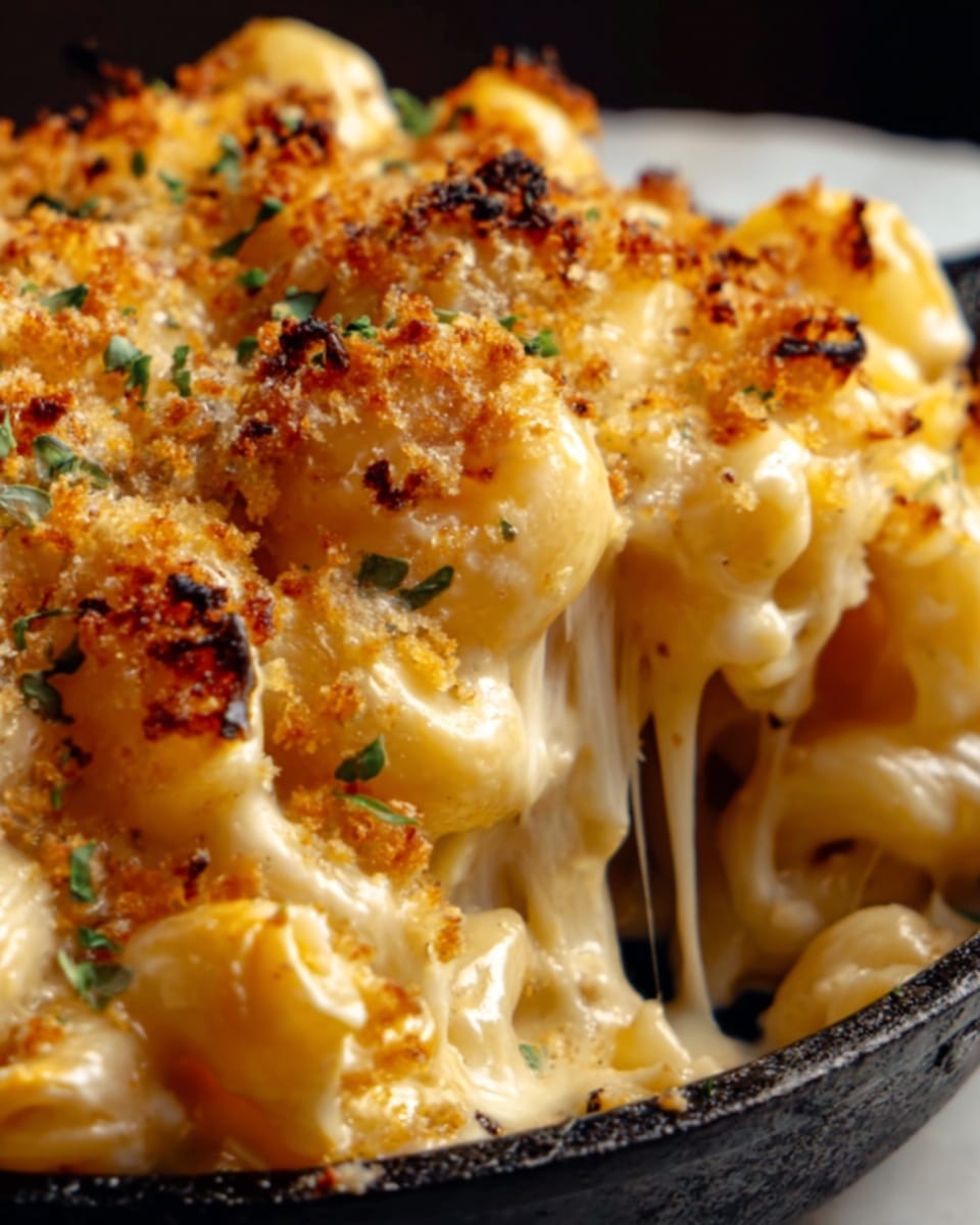 A close-up of a skillet filled with creamy macaroni and cheese, showing three visible layers. The bottom layer has golden browned macaroni pasta with a slightly crispy texture. The middle layer is thick, melted cheese that stretches in long strings as a woman's hand lifts a portion. The top layer has a bubbly, browned cheese crust sprinkled with small bits of herbs. The skillet is placed on a white marbled surface. photo taken with an iphone --ar 4:5 --v 7