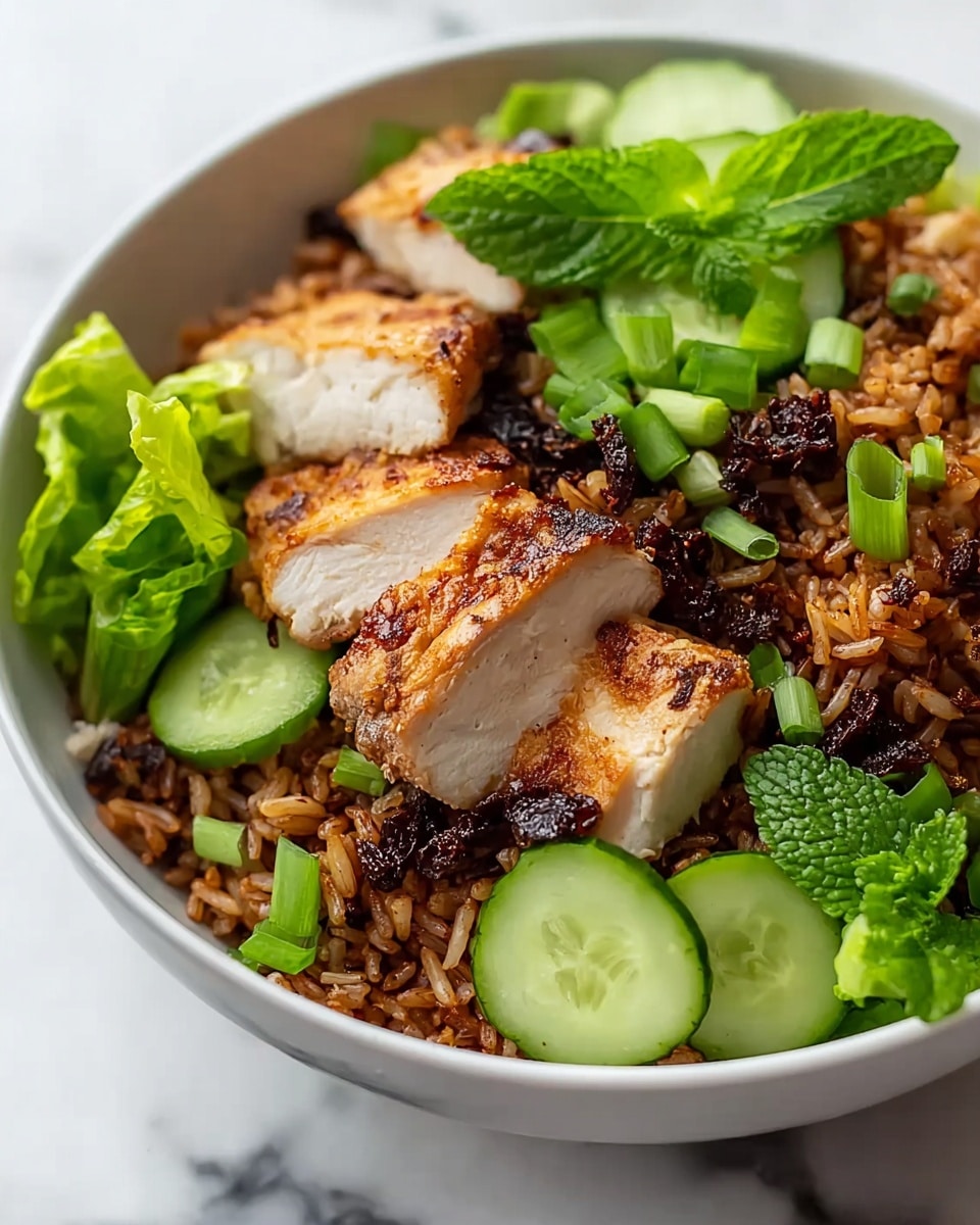 A close-up view of a white bowl filled with three layers: the bottom layer is dark brown fried rice with a slightly oily, textured look; the middle layer contains pieces of light brown, crispy grilled chicken chunks with a moist inside; and the top layer is fresh green lettuce leaves, thin slices of cucumber, green onion rings, and small mint leaves scattered evenly. The bowl sits on a white marbled surface, and the colors of the food stand out vividly against the simple background. photo taken with an iphone --ar 4:5 --v 7