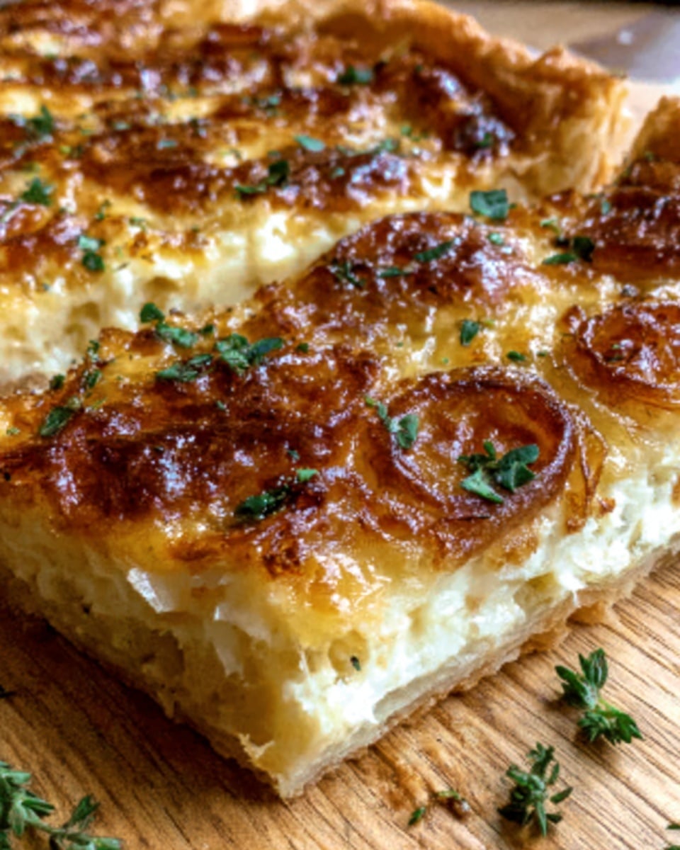 The image shows a close-up of a square slice of savory tart with golden, flaky pastry crust. The top layer is covered in browned, melted cheese with small caramelized spots and is sprinkled with fresh green herbs. The middle layers have a creamy, white filling that looks smooth and soft. The tart sits on a wooden board with a white marbled surface in the background, and a woman's hand holding the edge of the tart is visible. Photo taken with an iphone --ar 4:5 --v 7