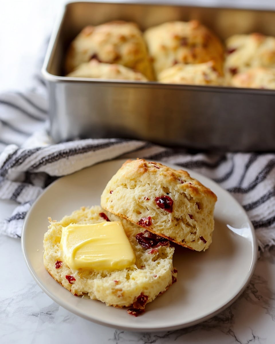 The image shows a white plate with a split biscuit on top. The biscuit has a light golden brown crust and a soft, crumbly inside dotted with red bits. On the open side of the biscuit, there is a dollop of smooth, creamy butter melting over the crumbly texture. Behind the plate, there is a red baking tray lined with parchment paper, holding several whole biscuits that are similar in color and texture. The plate is placed on a fabric with white and blue striped patterns, and the background uses a white marbled surface. Photo taken with an iphone --ar 4:5 --v 7