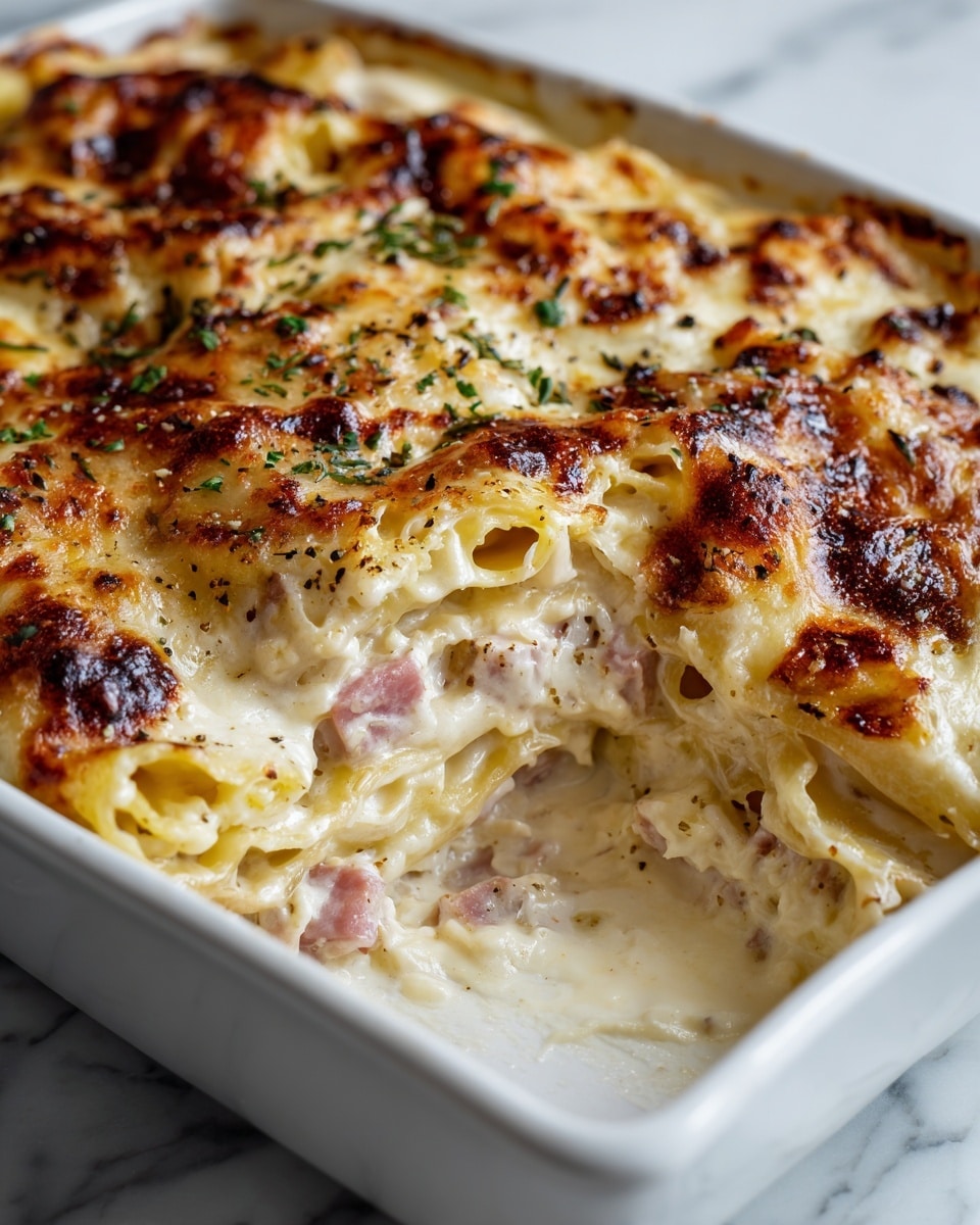 The dish is a creamy baked pasta casserole in a white rectangular dish, showing thick layers of folded pasta sheets mixed with chunks of pink ham inside, all covered in a rich, smooth white sauce. The surface has a golden-brown crust with small browned spots and some specks of black pepper, garnished with tiny pieces of green herbs lightly scattered on top. The pasta looks soft and tender with a slightly bubbly, melted cheese texture on the top layer. The photo is taken close, focusing on the creamy inside and textured top on a white marbled surface. photo taken with an iphone --ar 4:5 --v 7