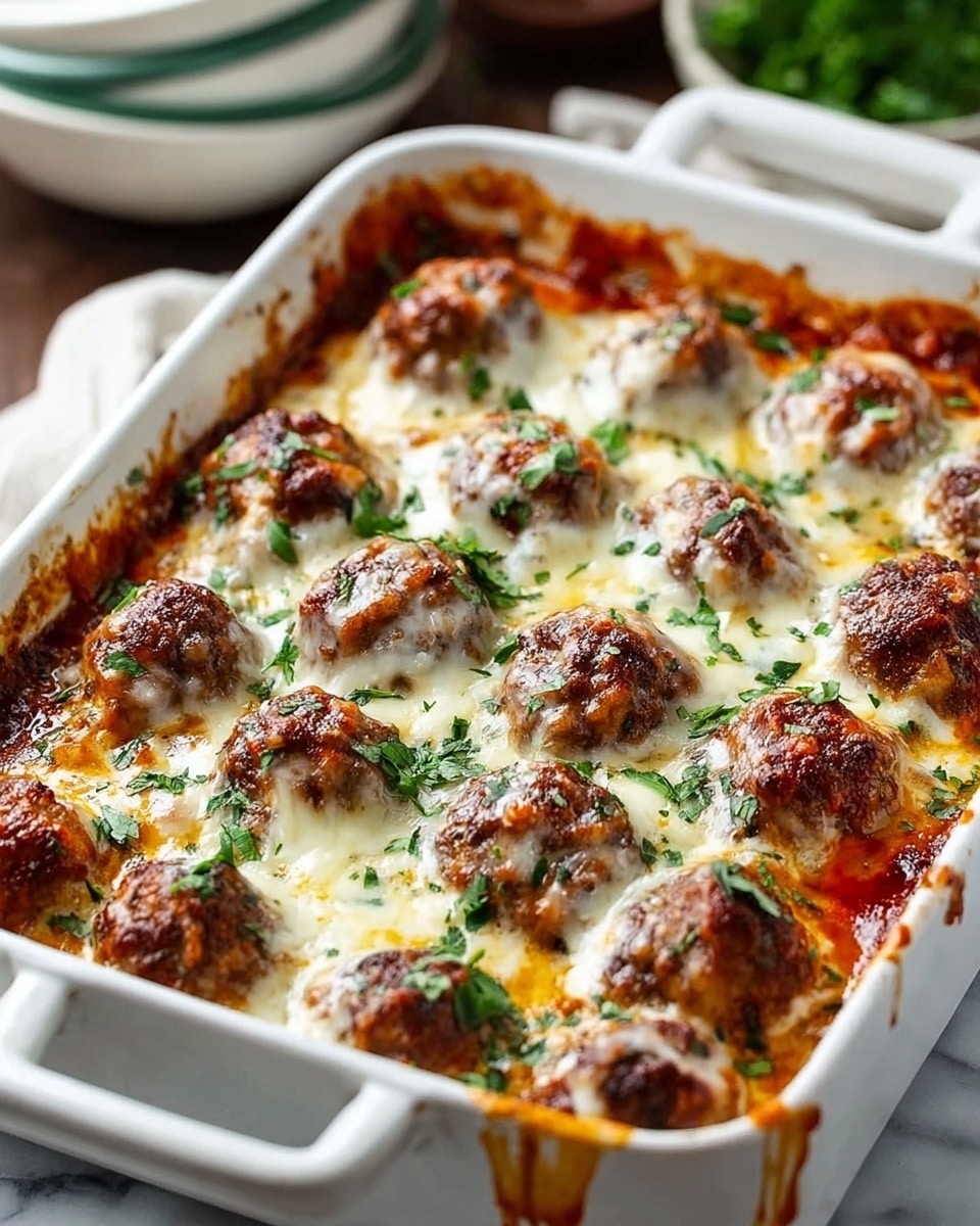 A white rectangular baking dish filled with a baked meatball casserole, showing a top layer of melted golden and white cheese, slightly browned and bubbling, covering evenly spaced round brown meatballs with a crispy outside. There are small green herb pieces sprinkled over the cheese. The edges of the dish show some cooked sauce stains, and the dish sits on a white marbled surface with a soft blurred background. photo taken with an iphone --ar 4:5 --v 7