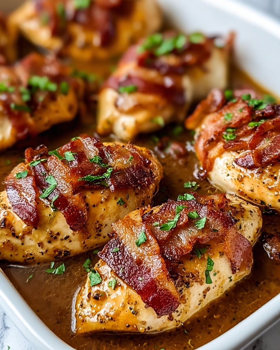 The image shows six pieces of cooked chicken breasts arranged in a white rectangular dish filled with brown sauce. Each chicken piece is topped with several strips of crispy, dark red-brown bacon. The chicken is golden-brown with a slightly shiny texture from the sauce, and small black pepper specks are visible on the surface. Bright green chopped herbs are sprinkled over the chicken and bacon, adding a fresh contrast to the rich colors. The background has a white marbled texture. photo taken with an iphone --ar 4:5 --v 7