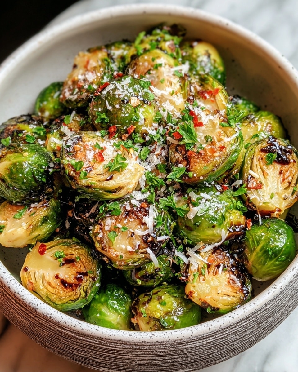 A bowl full of roasted Brussels sprouts, some halved showing light golden brown caramelized layers inside and others whole with shiny green leaves. The Brussels sprouts are topped with white grated cheese, dark balsamic glaze drizzled in thin lines, and small pieces of chopped green herbs and red chili flakes scattered evenly. The bowl is white with a textured surface, sitting on a white marbled background. photo taken with an iphone --ar 4:5 --v 7