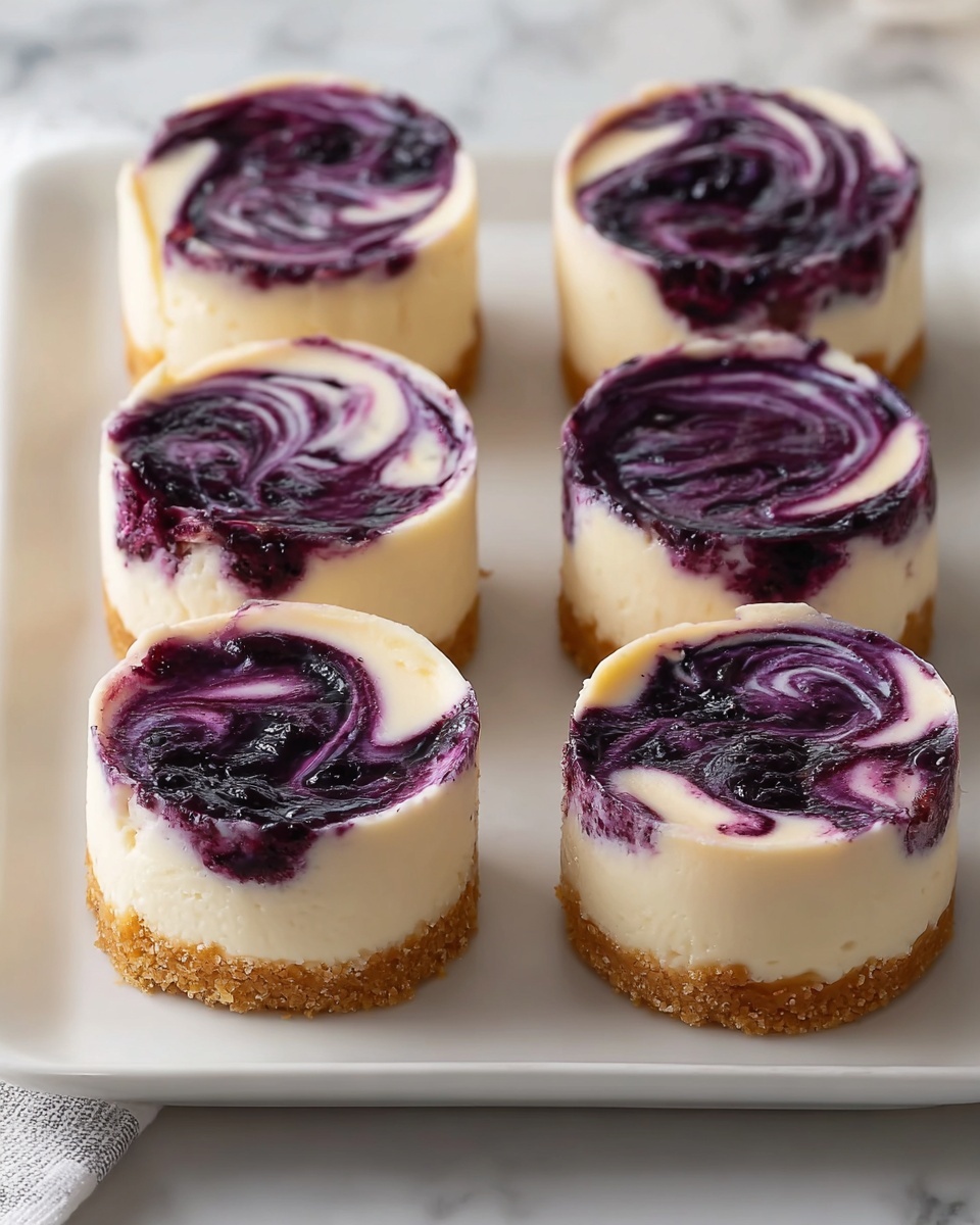 The image shows six small round cheesecakes arranged on a white rectangular plate. Each cheesecake has three visible layers: a bottom crunchy golden brown crust, a thick middle layer of smooth white cream cheese, and a top layer swirled with deep purple blueberry sauce blending into the white cream. The swirls are glossy with some parts darker than others, creating a marbled effect on the surface. The plate sits on a white marbled surface. photo taken with an iphone --ar 4:5 --v 7