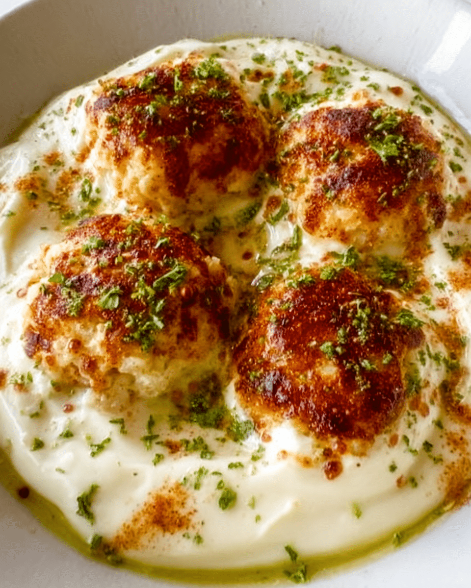 The image shows a close-up of five large meatballs covered in a rich, red tomato sauce with melted cheese on top that is slightly browned. The meatballs sit on a bed of creamy mashed potatoes that are smooth and white. Small green herb pieces are sprinkled on the meatballs and the mashed potatoes for color contrast. The dish is placed on a white plate, and the background is a white marbled texture. photo taken with an iphone --ar 4:5 --v 7