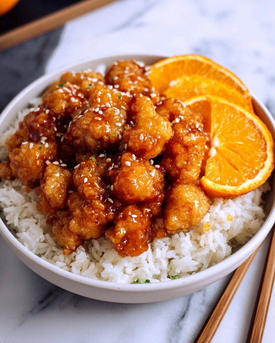 A black bowl filled with a base layer of fluffy white rice, topped with bite-sized golden-brown fried chicken pieces coated in a shiny orange glaze. The chicken is sprinkled with white sesame seeds and garnished with two bright orange wedge slices placed on top. The bowl sits on a white marbled surface, with a pair of light brown chopsticks placed to the right side. Photo taken with an iphone --ar 4:5 --v 7