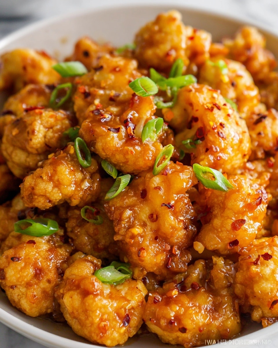 A close-up of a white bowl filled with golden, crispy coated pieces of popcorn cauliflower covered in a glossy orange sauce. The cauliflower pieces are small and irregular in shape, coated with a crunchy texture and specks of red chili flakes scattered on top. Bright green slices of fresh scallions are spread evenly over the cauliflower, adding contrasting color and freshness. The background is a white marbled surface. photo taken with an iphone --ar 4:5 --v 7