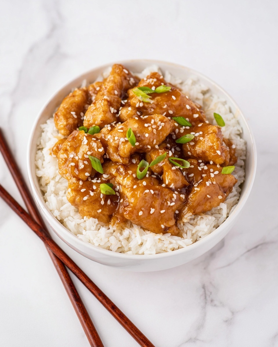 A bowl of white rice fills the dish as the bottom layer, topped with pieces of chicken covered in a thick, glossy brown sauce. The chicken has a smooth, slightly shiny texture and is sprinkled with small white sesame seeds and chopped green onions, adding touches of light green color. The bowl sits on a white marbled surface with a pair of brown wooden chopsticks placed beside it. photo taken with an iphone --ar 4:5 --v 7