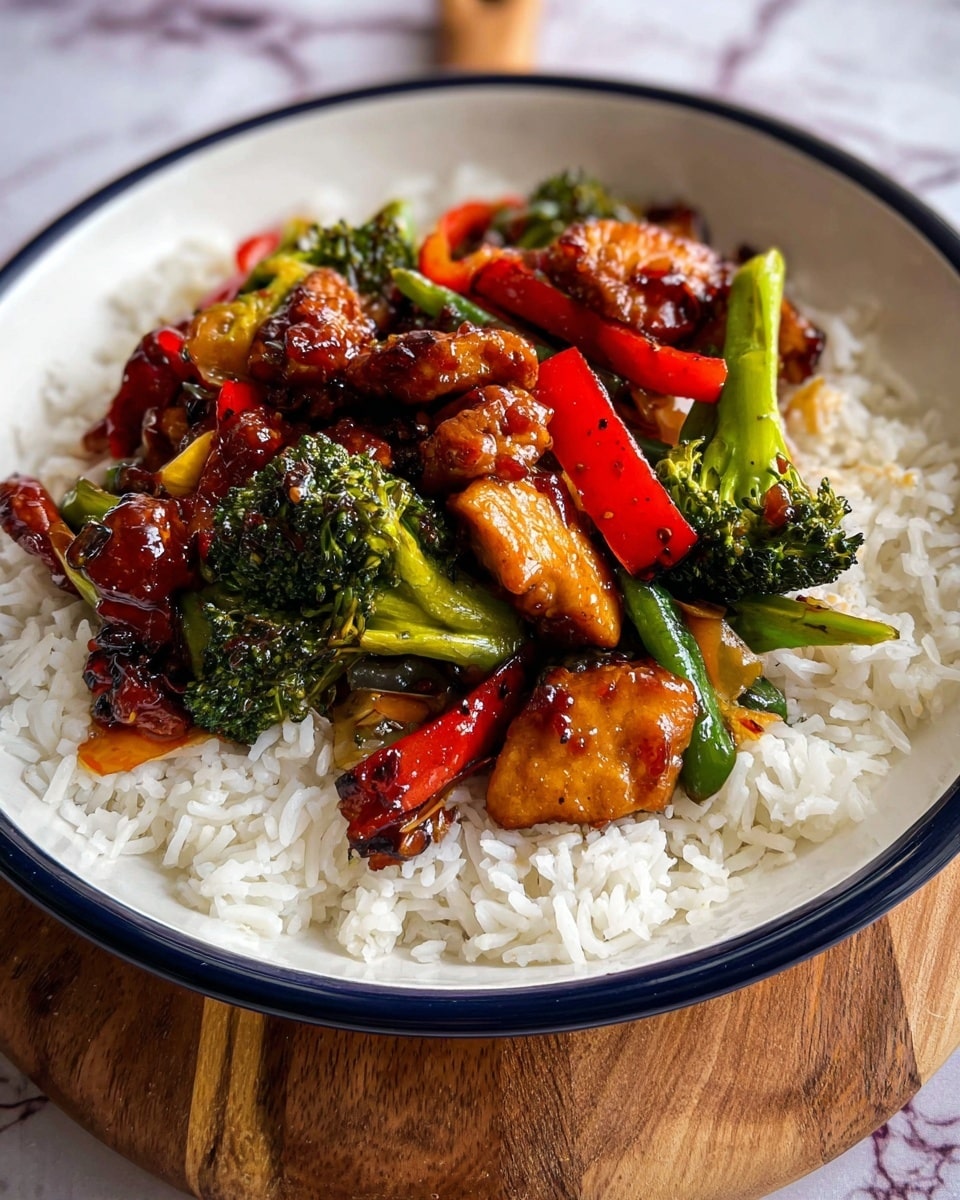 The image shows a white bowl with a blue rim filled with a base layer of soft white rice. On top, there is a second layer of glossy, golden-brown chicken pieces coated in a shiny sauce. Mixed within the chicken are colorful vegetables including bright green broccoli florets, vibrant red bell pepper strips, and snap peas, adding fresh green and red tones. The vegetables have a slightly cooked texture with a bit of shine from the sauce. The bowl is placed on a white marbled surface. photo taken with an iphone --ar 4:5 --v 7