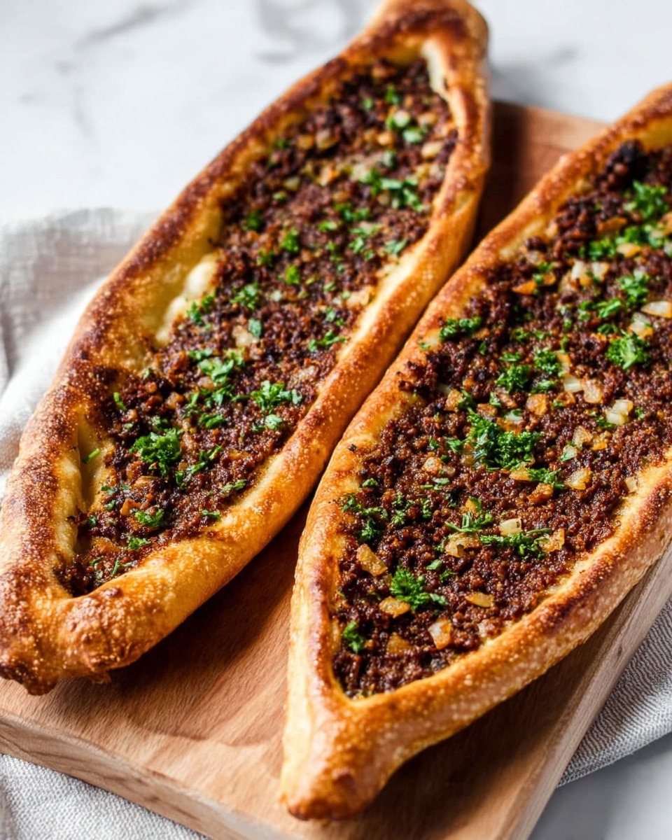 Two long, boat-shaped flatbreads rest on a wooden board placed on a white marbled surface. Each flatbread has a thick, golden-brown crust with slightly raised edges. The filling inside is dark brown mixed with small pieces of white onion, red tomato bits, and green herb garnishes scattered on top, giving a textured and colorful look. The surface of the filling appears crumbly and cooked through. A white cloth is partially visible next to the board. photo taken with an iphone --ar 4:5 --v 7