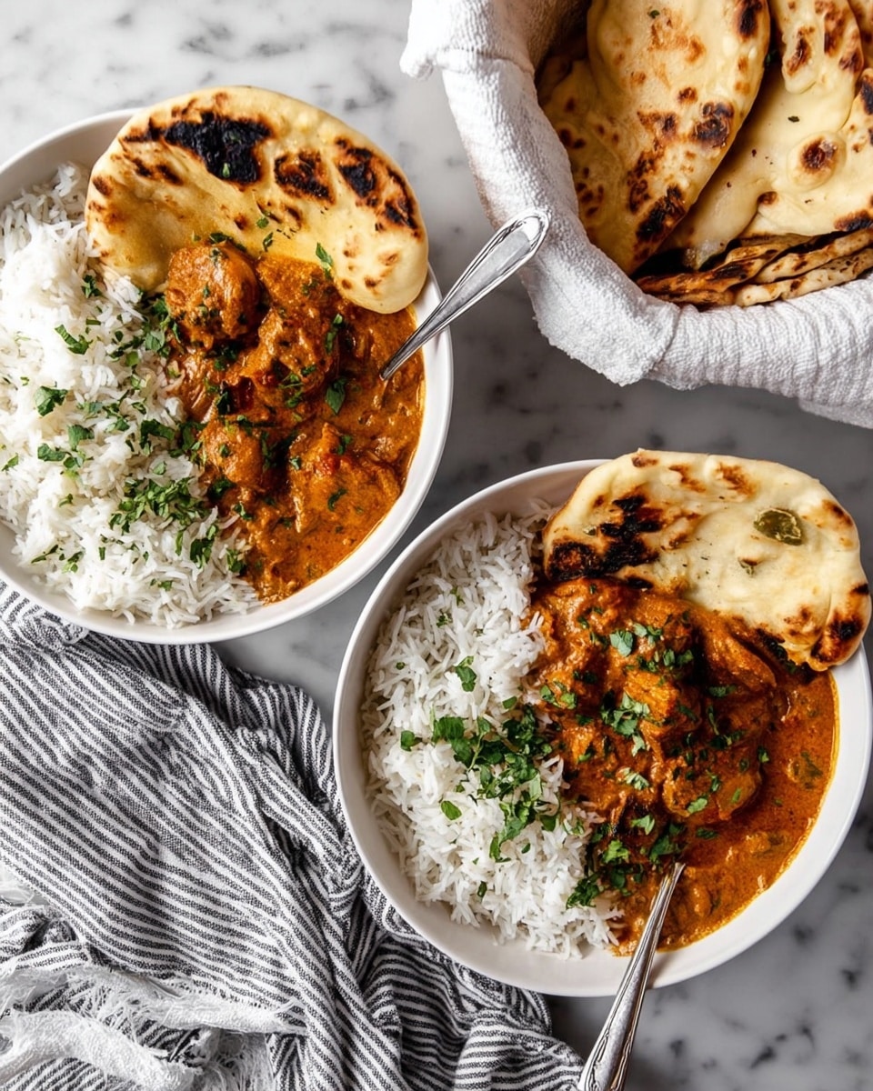 The image shows two white bowls filled with food on a white marbled surface. Each bowl contains three layers: the first layer is fluffy white rice that covers about half of the bowl, the second layer is a smooth, rich orange-brown curry with chunks of meat, topped with chopped green herbs scattered on the surface, and the third layer features pieces of toasted flatbread with dark char marks placed on the side of the bowls. A shiny metal spoon rests inside one bowl, and a white cloth holds extra pieces of flatbread nearby. A woman's hand is seen holding one bowl, and a striped gray and white cloth lies beside the bowls. Photo taken with an iphone --ar 4:5 --v 7