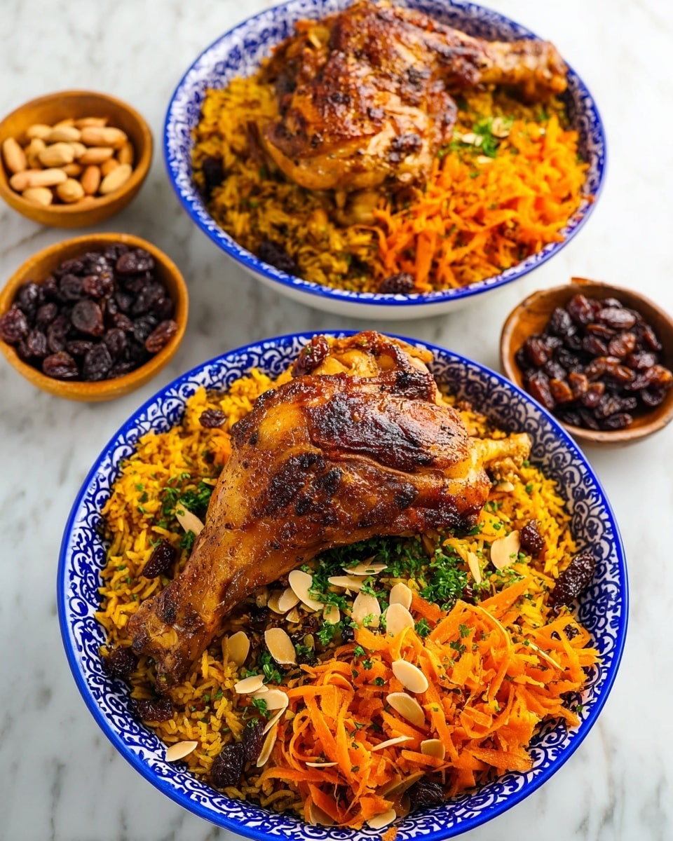 Two white round bowls with blue patterns hold a meal with three layers each: the bottom layer is yellow-orange spiced rice with visible grains, the middle layer is bright orange shredded carrots, and the top layer is a large piece of grilled chicken leg-quarter with a crispy, dark brown textured skin. The bowls are garnished with dark brown raisins, slivered light brown almonds, and small green parsley leaves scattered on top. To the upper left of the bowls is a small white bowl filled with dark raisins, and to the right is a white bowl filled with slivered almonds. The items rest on a white marbled surface. photo taken with an iphone --ar 4:5 --v 7