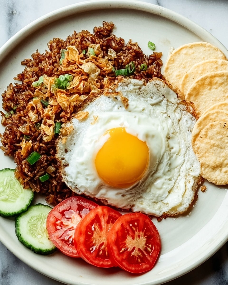 A white plate on a white marbled surface holds a dish with three main parts: the base is a layer of dark brown fried rice mixed with small pieces of green onion and crispy fried shallots scattered on top, to the left sits a single sunny-side-up fried egg with a bright yellow yolk and slightly crispy white edges partly covering the rice; on the right, there are three round slices of fresh bright red tomatoes with seeds visible, alongside a few light beige, thin, round crackers stacked. Photo taken with an iphone --ar 4:5 --v 7