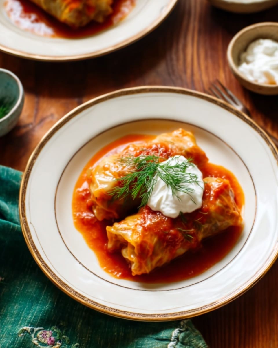 A white plate with a gold rim holds two stuffed rolls covered in a red sauce, each topped with a dollop of white cream and a small sprig of green dill. The plate sits on a white marbled surface next to a green cloth napkin, a small bowl of white cream, and another white plate partially visible with more food. The lighting is warm, creating a cozy feel. Photo taken with an iphone --ar 4:5 --v 7