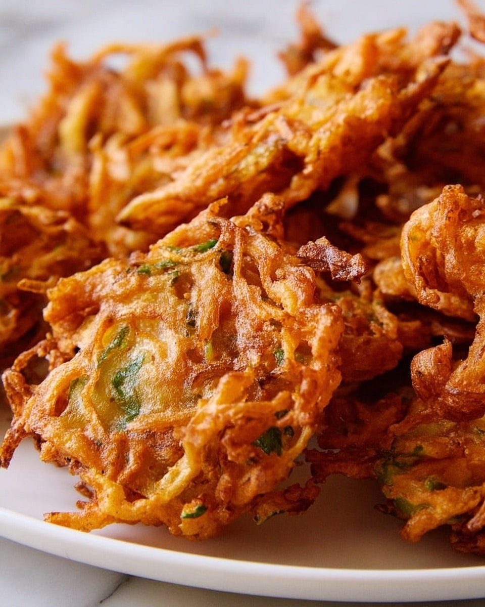 The image shows a close-up of crispy deep-fried onion pakoras sitting on a white plate placed on a white marbled surface. The pakoras have a rough texture with thin golden-brown crispy strands of fried onion and batter intertwined, giving an irregular shape to each piece. Small green herb pieces peek through the crunchy coating, adding some color contrast. The layers consist of the outer crunchy layer that is golden and slightly darker in some spots, while the inner layers are softer and bright orange to light brown. The pakoras are piled closely together, showing their crunchy surfaces and crisp edges. photo taken with an iphone --ar 4:5 --v 7