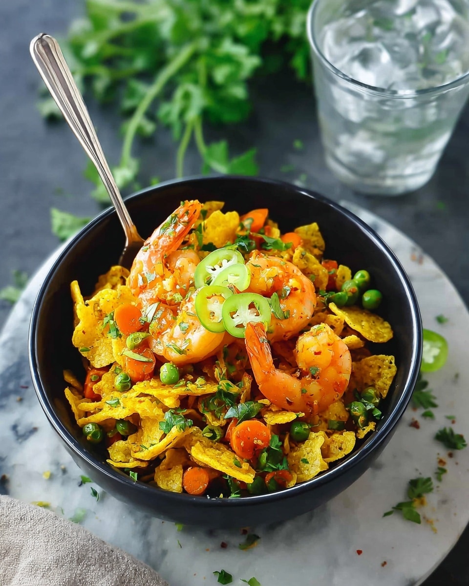 A black bowl filled with a colorful mix of food layers sits on a white marbled surface. At the bottom, there are thin, crispy yellow strips, topped with several plump, orange shrimp. The shrimp are mixed with small pieces of cooked vegetables in orange, green, and yellow colors. Thin slices of green chili pepper rest on top, adding a fresh pop of color. A silver fork sticks into the bowl. A glass of water with ice sits blurred in the background, while fresh green parsley sprigs are scattered around the bowl for decoration. Photo taken with an iphone --ar 4:5 --v 7
