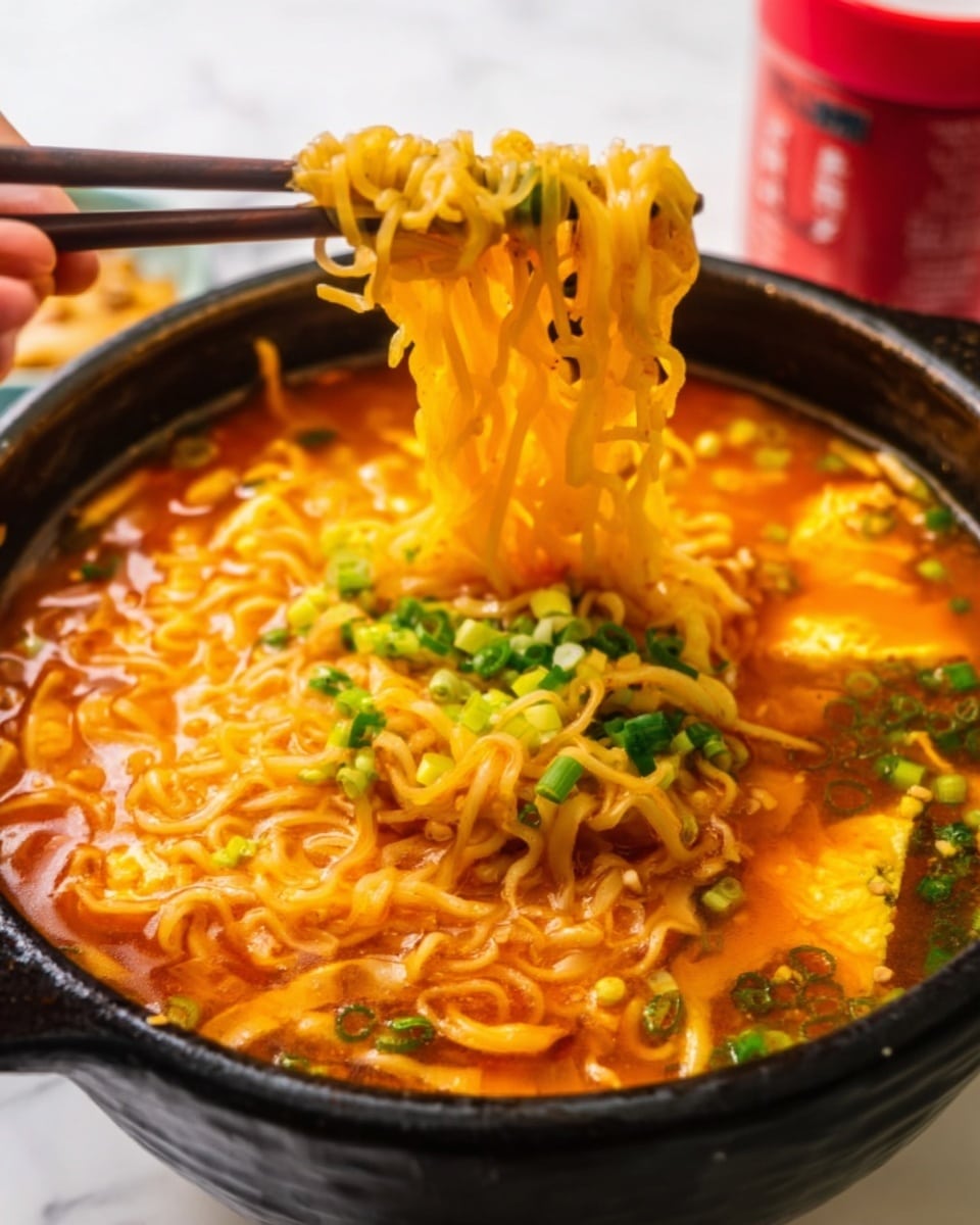 A close-up image of a black bowl filled with steaming hot ramen in rich orange broth. The bowl has three main layers: the bottom layer is a deep, flavorful soup with a smooth texture and vibrant orange color; the middle layer is yellow curly noodles being lifted by black chopsticks held by a woman's hand, showing their soft and springy texture; on top are small pieces of green onions scattered evenly, adding a fresh green contrast, along with thin slices of meat and mushrooms peeking from under the noodles. The bowl sits on a white marbled surface. Photo taken with an iphone --ar 4:5 --v 7