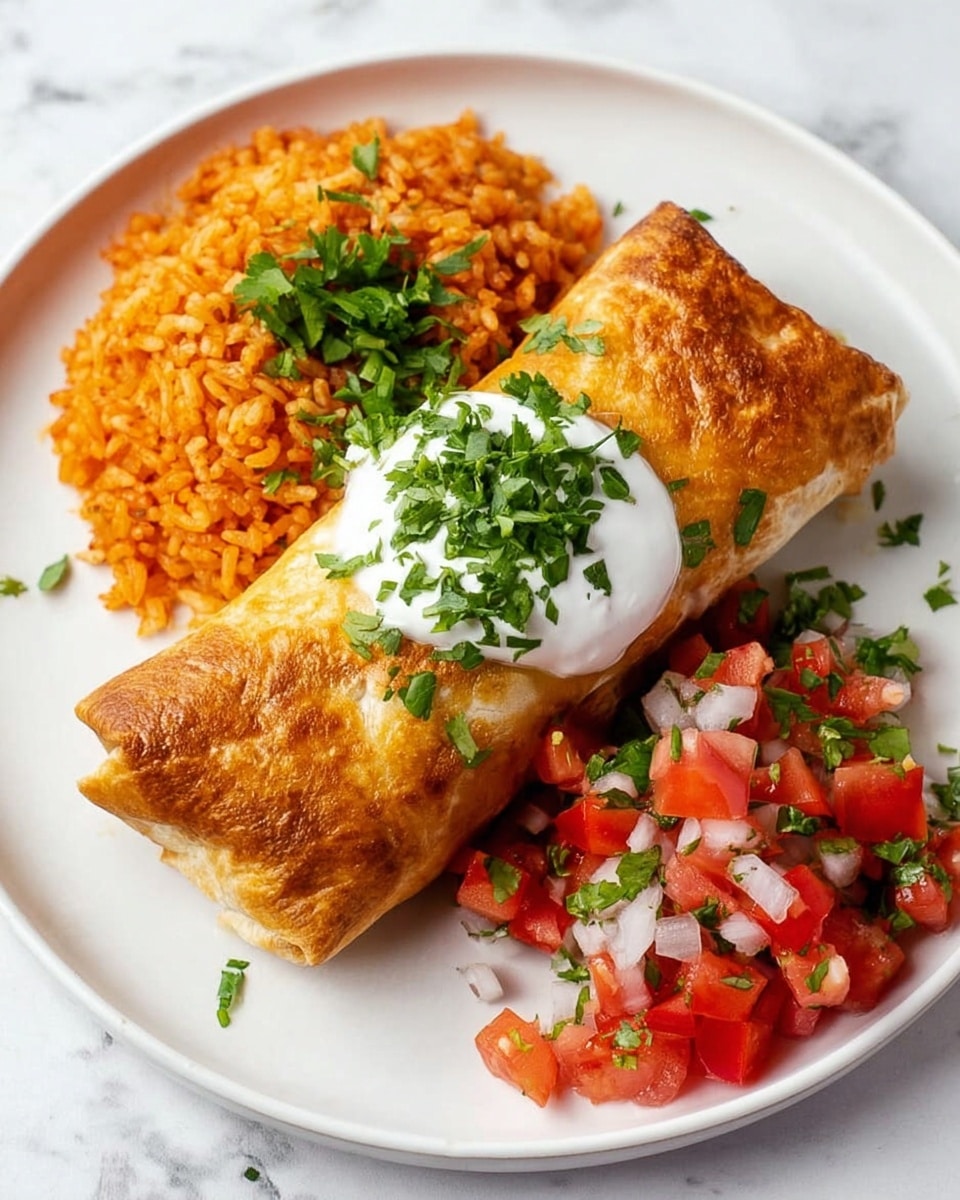 A white speckled plate on a white marbled surface holds a golden brown, crispy burrito placed in the center, topped with a dollop of white sour cream sprinkled with chopped green cilantro. To the left of the burrito is a mound of orange Mexican rice mixed with small bits of green cilantro, while on the right side there is a colorful mix of diced red tomatoes, white onions, and green cilantro, forming a fresh salsa. The overall scene is bright and clean with a few cilantro leaves scattered on the surface around the plate. photo taken with an iphone --ar 4:5 --v 7