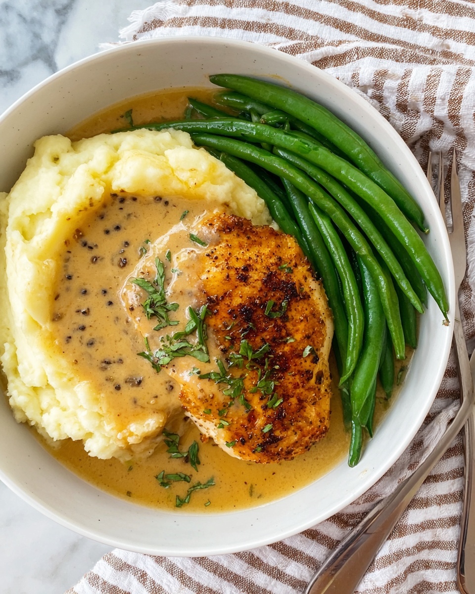 A white bowl contains a meal with three main parts: on the left, there is a smooth, creamy layer of pale mashed potatoes topped with a pool of light brown gravy sprinkled with black pepper; next to the mashed potatoes, there is a golden-brown grilled chicken breast with a slightly charred texture, garnished with small chopped green herbs, sitting partially in the same light brown gravy; on the right side, there is a neat pile of glossy, bright green steamed green beans. The bowl is placed on a white marbled surface, with a silver fork resting to the right side. Photo taken with an iphone --ar 4:5 --v 7