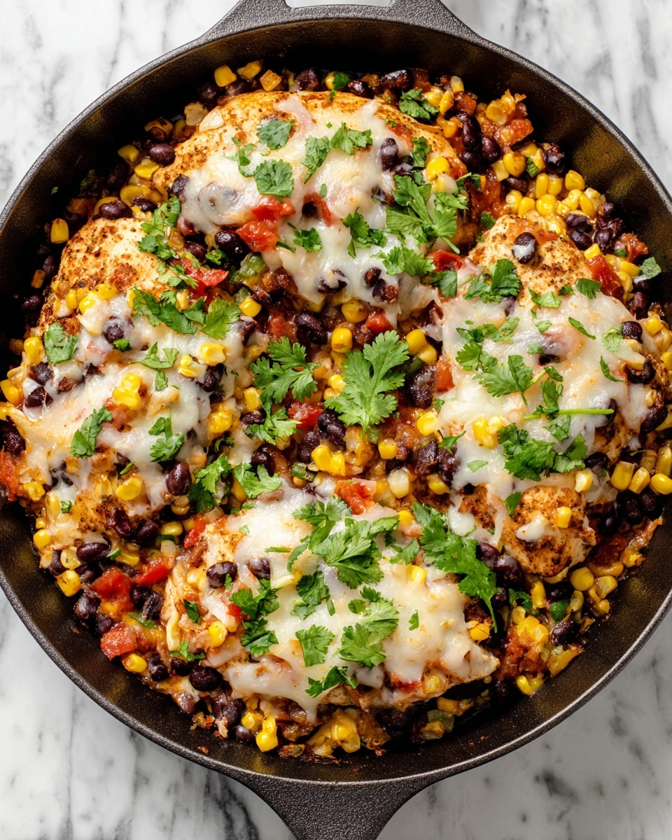 A close-up of a black skillet filled with four pieces of cooked chicken breast covered in a mix of melted white and yellow cheese, sprinkled with black beans, bright yellow corn kernels, diced red tomatoes, and chopped green cilantro leaves scattered on top. The chicken pieces are partly visible beneath the cheesy layer, resting on a bed of the same bean and corn mixture that fills the skillet. The skillet is on a white marbled surface. photo taken with an iphone --ar 4:5 --v 7
