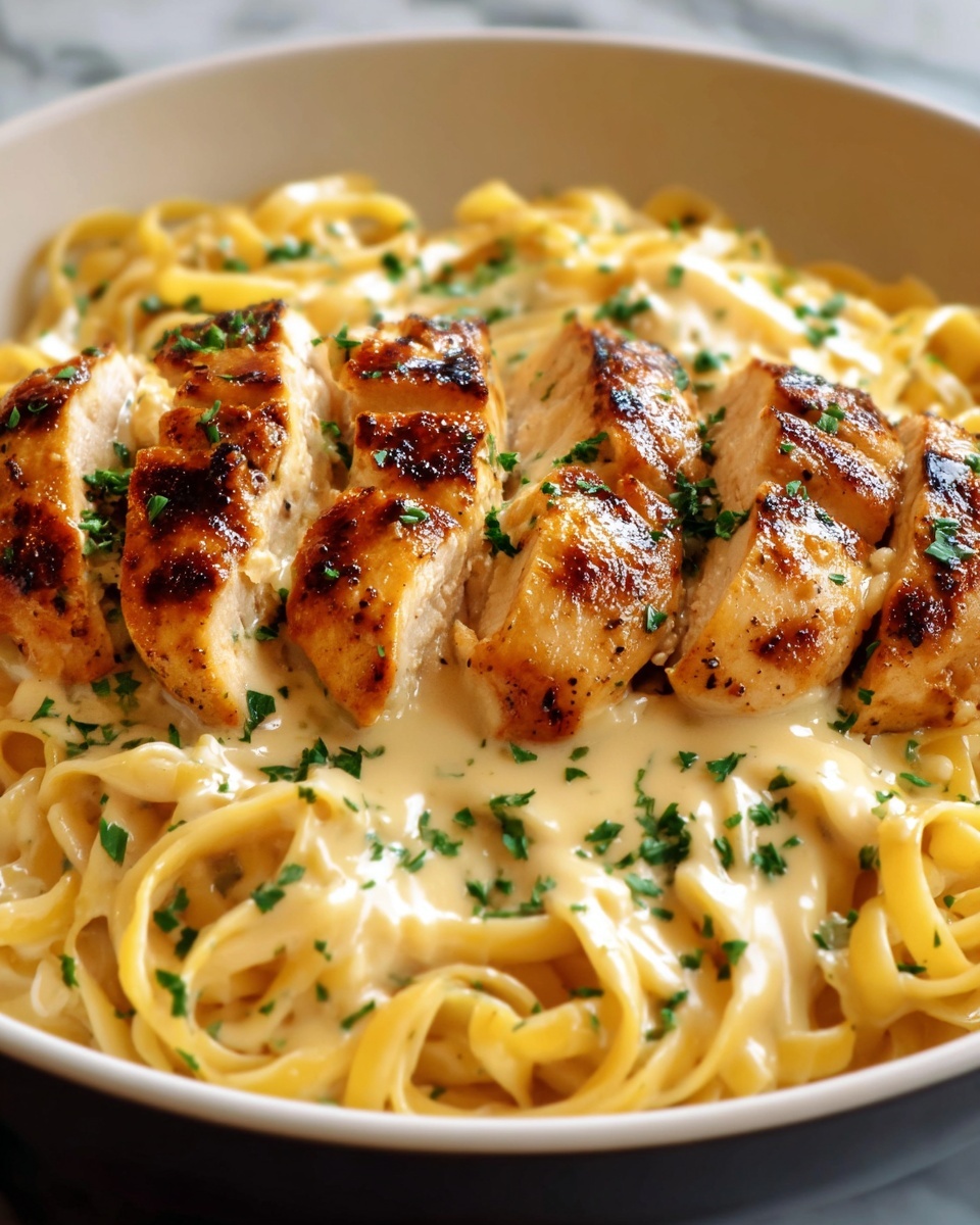 The image shows a white bowl filled with creamy pasta as the base layer, light yellow in color with a smooth, rich texture. On top of the pasta, there are six pieces of grilled chicken breast arranged in a neat row, each piece golden brown with light char marks and a slightly shiny glaze. The chicken is garnished with small green parsley flakes, adding a fresh contrast. The background is a white marbled surface, giving a clean and bright look to the scene. photo taken with an iphone --ar 4:5 --v 7