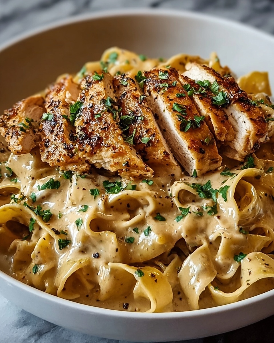 A bowl filled with creamy light beige pasta, the noodles are wide and wavy, covered in a rich sauce with visible herbs mixed in. On top of the pasta lies a sliced grilled chicken breast, cooked to a golden brown with a slightly crispy texture and sprinkled with chopped green herbs, adding a fresh contrast. The bowl is white and sits on a white marbled surface, making the warm colors of the dish stand out. photo taken with an iphone --ar 4:5 --v 7