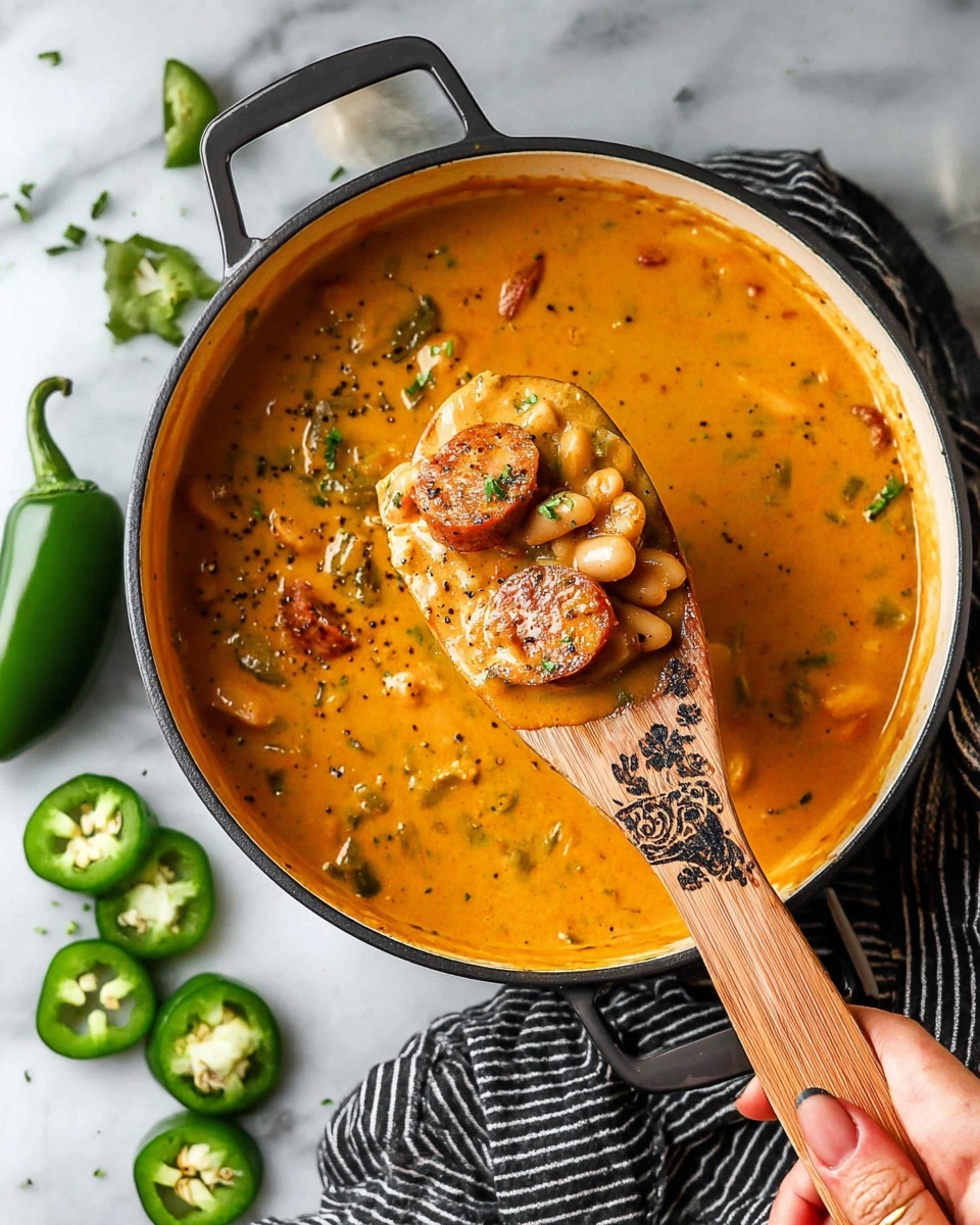 A large black pot filled with creamy orange soup speckled with black pepper and small green and brown bits. A woman's hand holds a wooden spatula lifting a scoop showing chunky layers of white beans, sliced sausage with brown edges, and diced green peppers, all coated in the rich soup. The pot sits on a white marbled surface with sliced green jalapeno peppers and whole ones around it, along with a striped cloth napkin nearby. Photo taken with an iphone --ar 4:5 --v 7