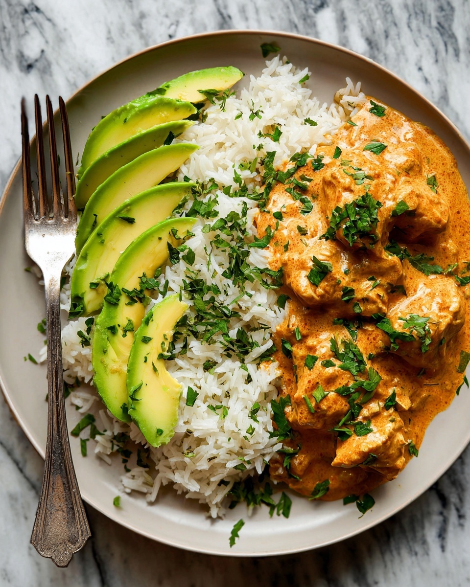 The dish is served on a white plate with three main layers: a base layer of fluffy white rice sprinkled with chopped green herbs, a side layer of sliced ripe avocado with smooth light green tones arranged neatly on the upper left, and a creamy brown sauce-coated chicken on the right side garnished with fresh green herb leaves. A silver fork rests on the left edge of the plate. The background shows a white marbled texture. Photo taken with an iphone --ar 4:5 --v 7