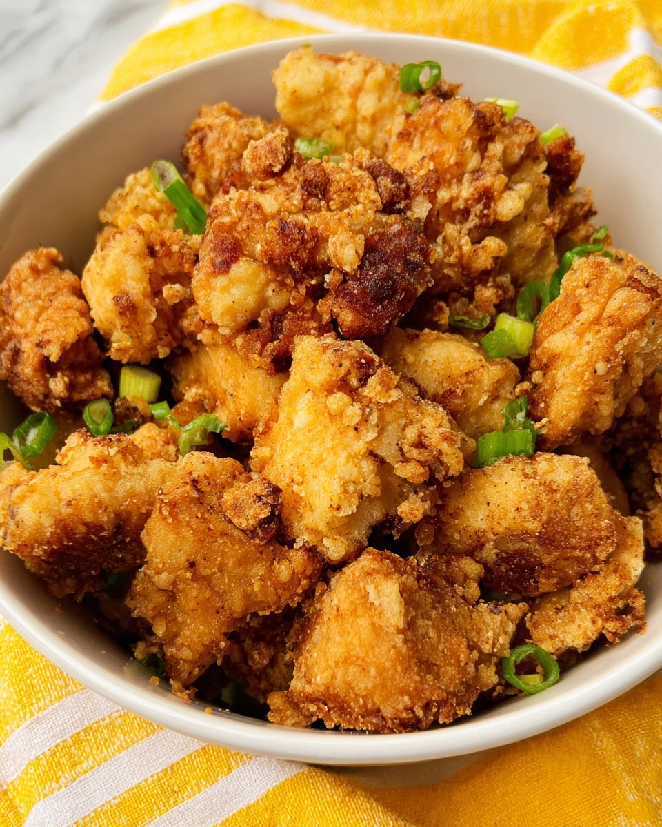 The image shows a close-up view of a white bowl filled with several pieces of crispy fried chicken bites, each piece covered in a golden brown, crunchy coating with a slightly uneven texture. The chicken pieces are irregular in shape and size, giving a homemade feel. Scattered on top are small, bright green slices of chopped scallions that add color contrast. The bowl sits on a bright yellow cloth with white stripes, and the background has been changed to a white marbled texture. photo taken with an iphone --ar 4:5 --v 7