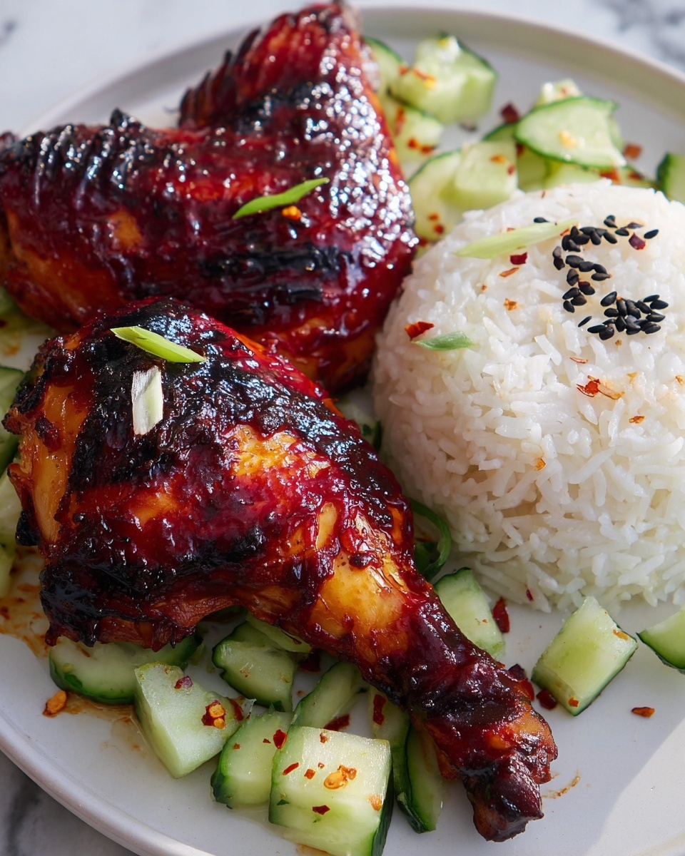 The image shows a white plate with three main parts: two grilled chicken legs on the left with a shiny, reddish-brown glaze and some black char marks on the skin, a mound of white rice with a few black sesame seeds sprinkled on top placed on the right side, and a border of chopped green zucchini cubes with bits of red seasoning spread around the plate edges. The chicken pieces are stacked close together, with the rice shaped in a rounded dome beside them, and the zucchini pieces scattered loosely around the plate, all placed on a white marbled surface. Photo taken with an iphone --ar 4:5 --v 7