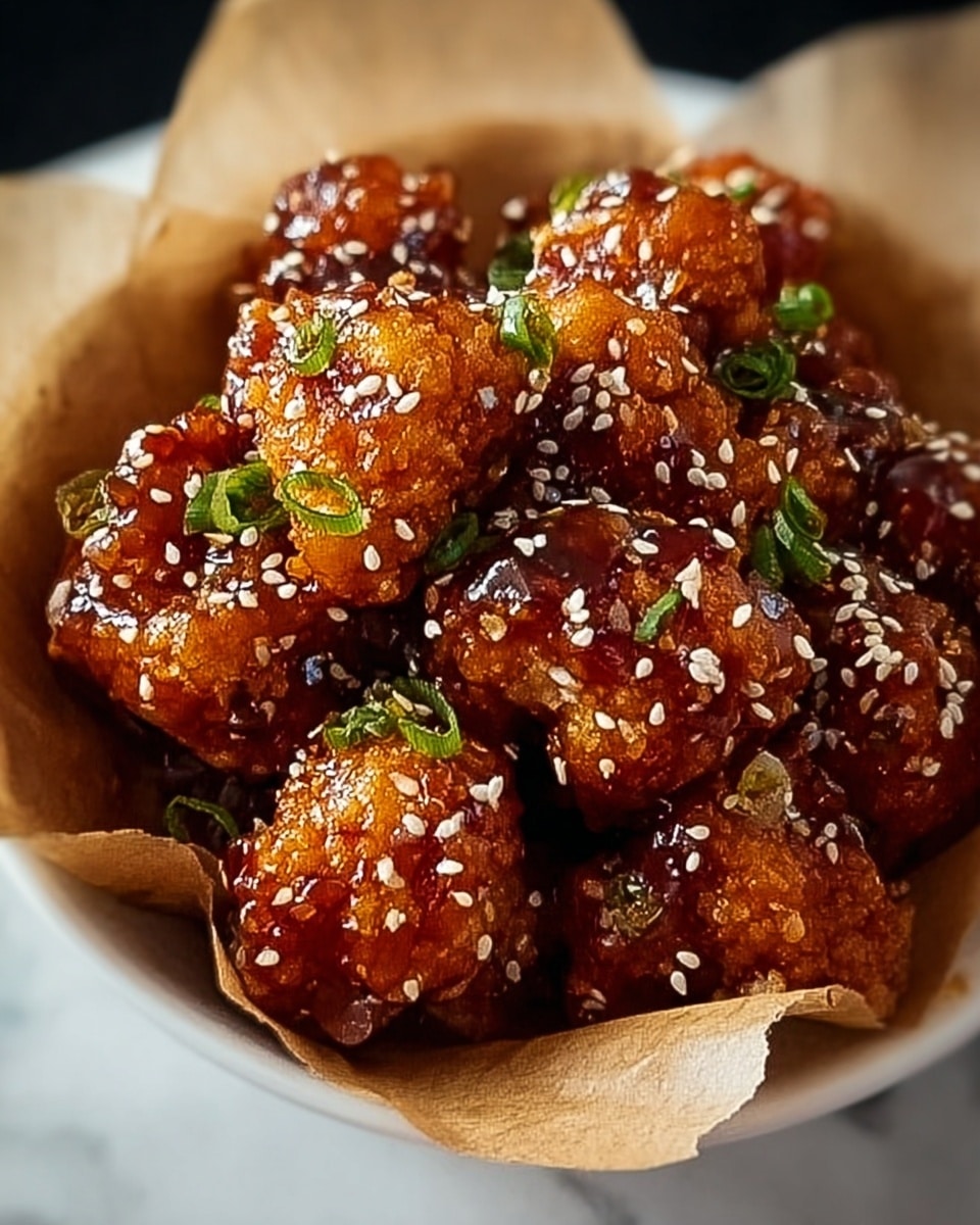 This image shows a close-up view of crispy fried chicken drumettes coated in a thick, dark reddish-brown glaze. The glaze looks sticky and shiny, covering each drumette fully. White sesame seeds are sprinkled generously over the chicken, adding small spots of light contrast. Small green onion pieces are scattered on top, giving a bright green color that stands out against the deep glaze. The drumettes are piled together in a basket lined with light brown parchment paper. The background is a white marbled surface. photo taken with an iphone --ar 4:5 --v 7