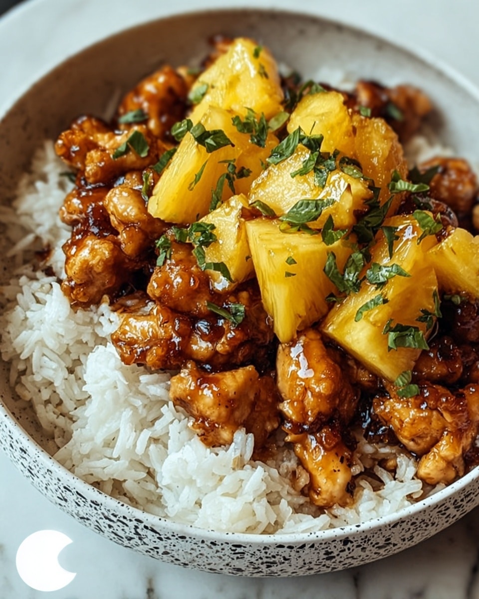 This dish shows three main layers in a bowl: the bottom layer is white rice with long grains, soft and loose in texture; the middle layer has golden-brown chicken pieces coated in a shiny glaze and some pieces are slightly charred with black marks; the top layer is made of bright yellow pineapple chunks and chopped fresh green herbs scattered over the chicken, adding color contrast. The bowl is white, and the background is a white marbled texture. photo taken with an iphone --ar 4:5 --v 7