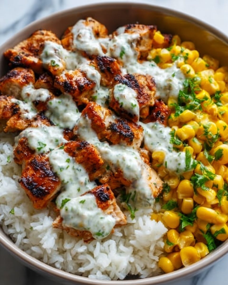 The dish is served in a white bowl placed on a white marbled surface, with a base layer of fluffy white rice filling half of the bowl. On one side, bright yellow corn kernels mixed with green chopped herbs are layered, adding a fresh look. On top of the rice, there are several pieces of grilled chicken, showing a mix of dark and light brown grilled marks with a slightly charred texture. The chicken is drizzled with a white creamy sauce that has small green herb pieces, giving it a fresh and rich appearance. The whole dish looks colorful and inviting with a mix of creamy, grilled, and fresh elements. Photo taken with an iphone --ar 4:5 --v 7