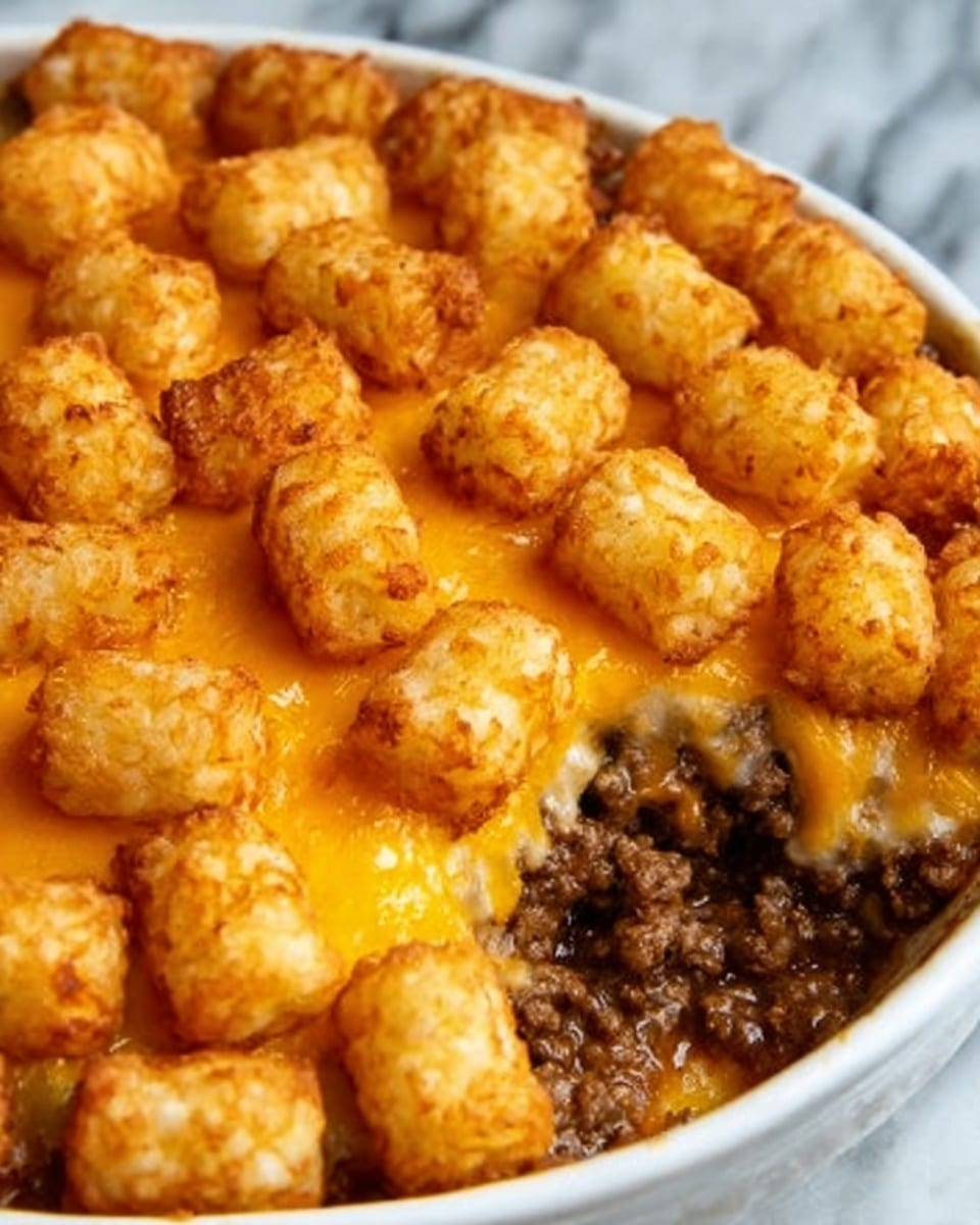 A white dish filled with a layered hot tater tot casserole. The bottom layer is made of cooked ground beef, dark brown and crumbly, spread evenly across the dish. On top of the meat is a thick layer of melted bright orange cheddar cheese, covering the beef softly. The top layer is made of golden brown tater tots, arranged tightly side by side, crispy with some darker edges showing they are baked well. The edge of the dish has a small part missing, showing the inside layers clearly. The background is a white marbled surface. Photo taken with an iphone --ar 4:5 --v 7