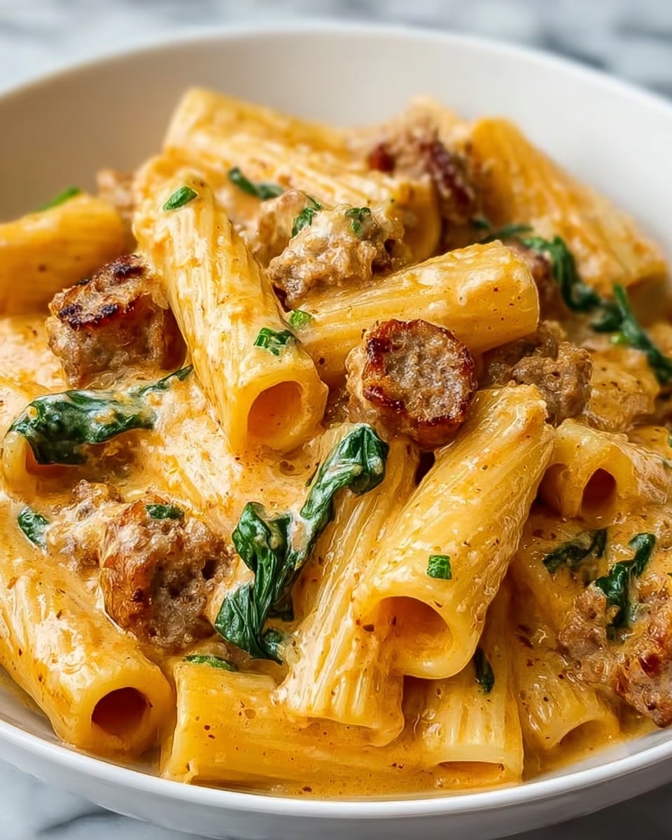 The dish shows a close-up of rigatoni pasta layered with creamy, light orange sauce. Scattered throughout are small, browned sausage slices with a slightly crispy texture. Small green spinach leaves add a pop of color on and around the sausage and pasta. The rigatoni pasta tubes are thick, ridged, and coated evenly with sauce, with some rigatoni slightly stacked on top of each other. All the food is served on a white plate, placed on a white marbled surface. photo taken with an iphone --ar 4:5 --v 7