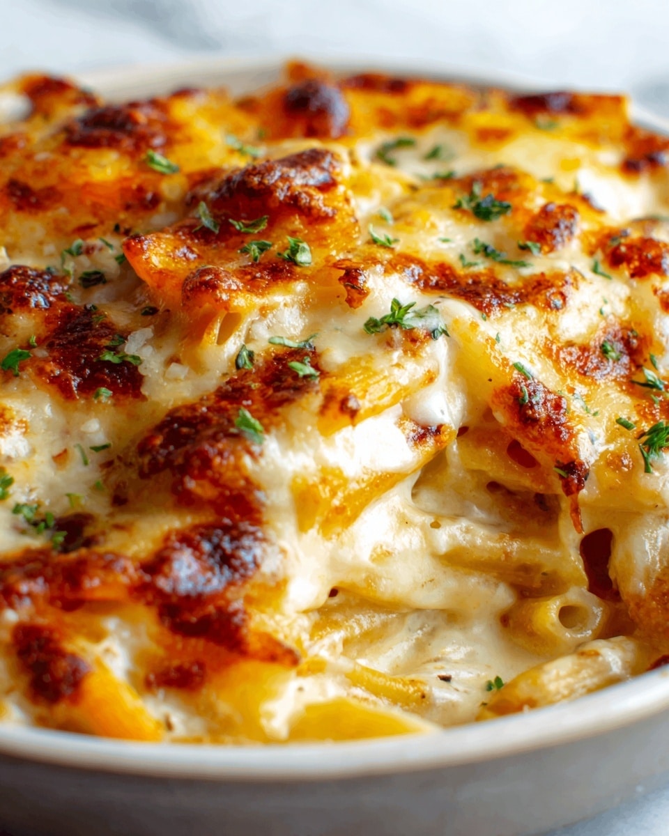 The dish shows a creamy pasta baked with a golden brown cheese layer on top, melted and slightly crispy with small browned spots. The pasta underneath is coated in a rich, creamy sauce that looks smooth and thick, visible through the gaps in the cheese. There are small bits of herbs sprinkled over the top, adding tiny green accents. The pasta pieces are short and tube-shaped, softly mixed with cheese and sauce. This is presented close-up, filling the frame fully, sitting on a white marbled background. Photo taken with an iphone --ar 4:5 --v 7