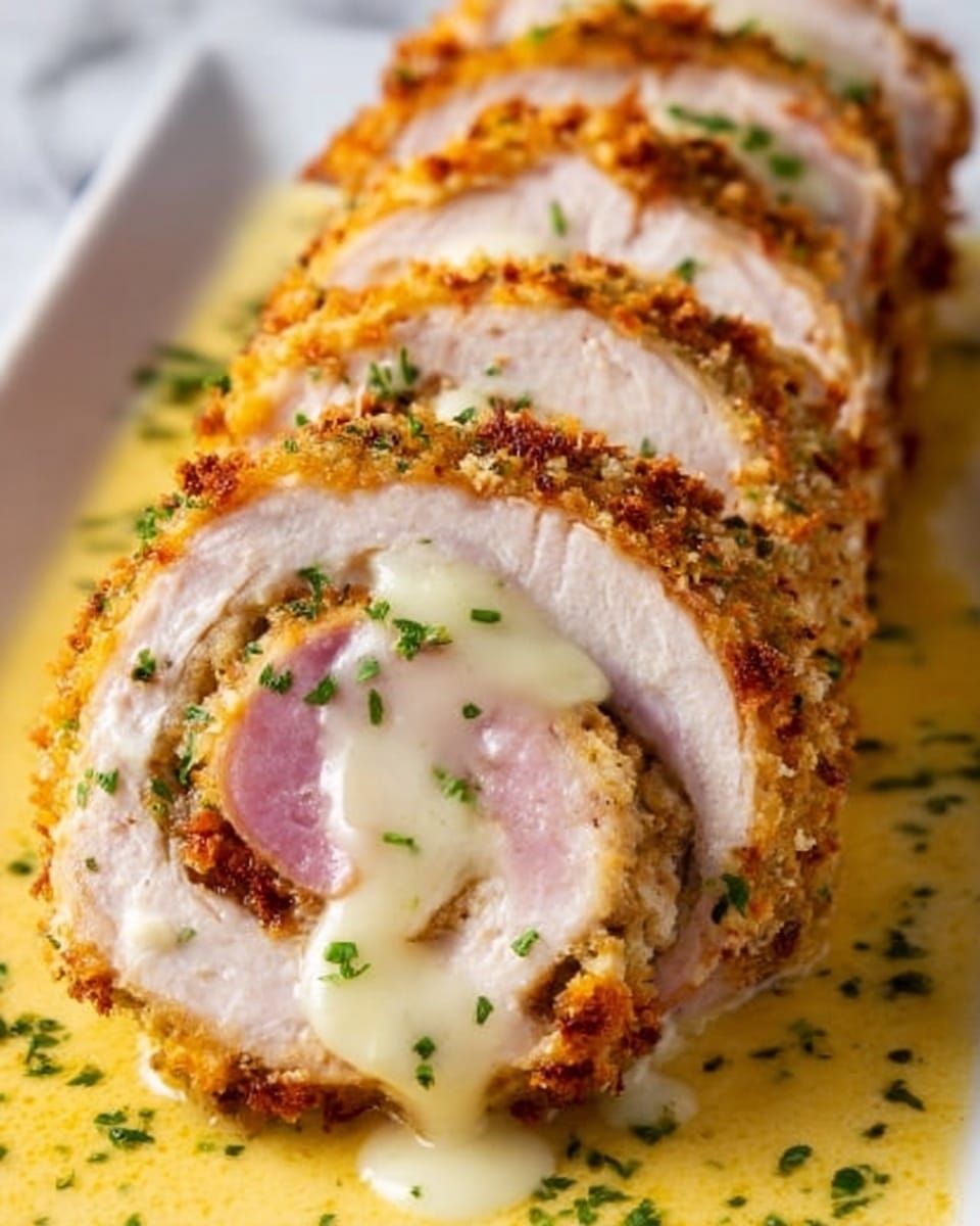 The image shows a close-up of a thick slice of rolled meat with three visible layers: the outer layer is golden and crispy, the middle layer is light pink ham, and the innermost layer is melted white cheese oozing out. The meat slice is placed on a light yellow creamy sauce that has small green herb pieces scattered on top. The background is a white marbled texture. Photo taken with an iphone --ar 4:5 --v 7