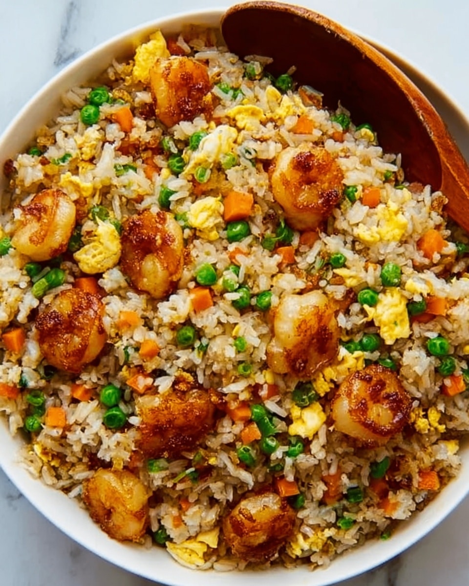 A close-up image of a large portion of fried rice in a white bowl, filled with cooked yellow scrambled eggs broken into small pieces, browned and crispy small chicken pieces scattered throughout, cooked rice grains mixed with tiny green peas and small diced orange carrots, all ingredients evenly mixed creating a colorful and textured surface. A woman's hand wooden spoon is partially visible on the right side, resting on the bowl. The background is a white marbled texture. photo taken with an iphone --ar 4:5 --v 7