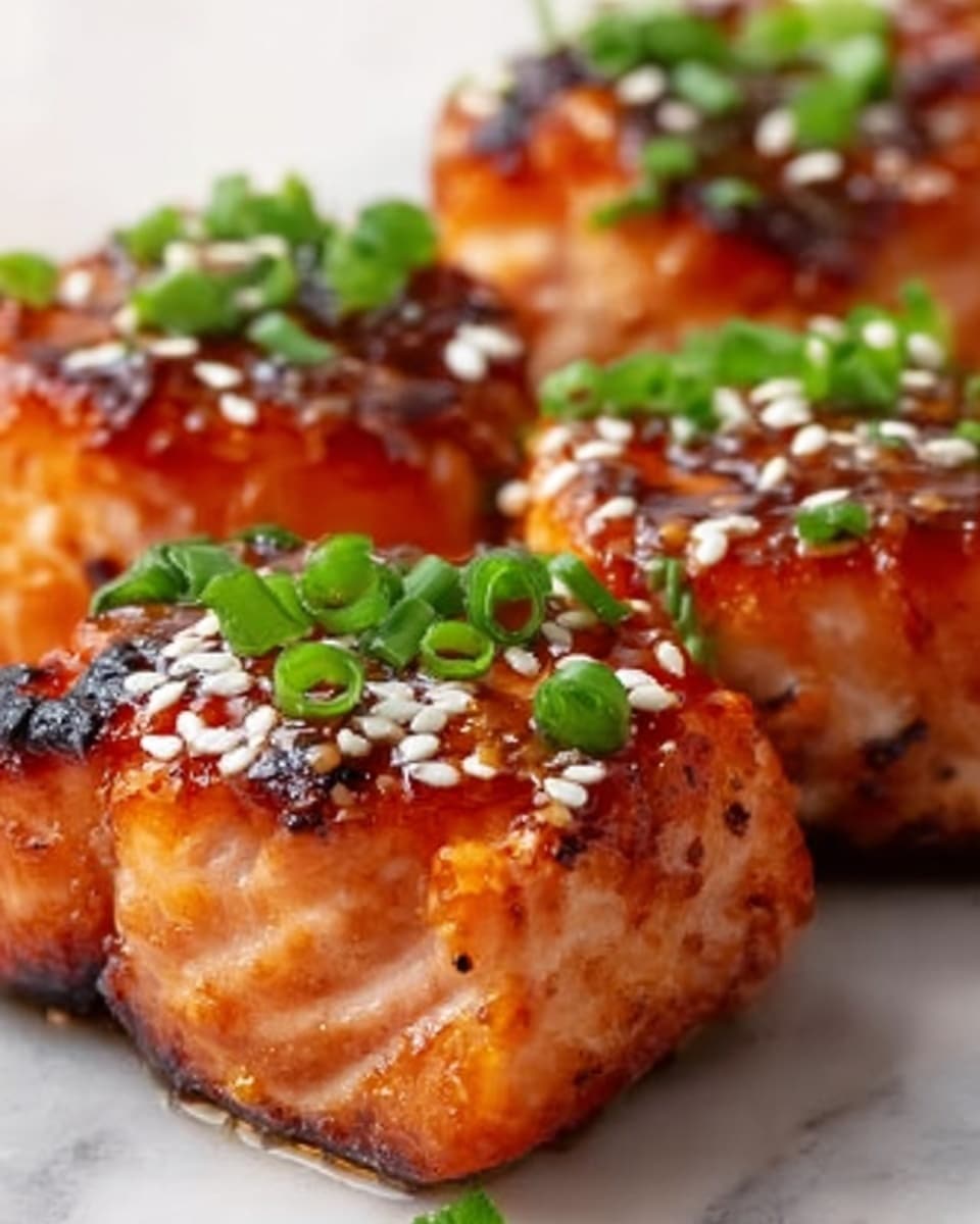 The image shows three thick salmon pieces covered with a shiny brown glaze, topped with white sesame seeds and small green onion pieces. The salmon layers are slight orange with light grill lines, and the glaze looks sticky and smooth. The salmon sits closely together on a white plate on a white marbled surface, with a slightly blurred background giving a warm and fresh feeling. The photo was taken with an iphone --ar 4:5 --v 7